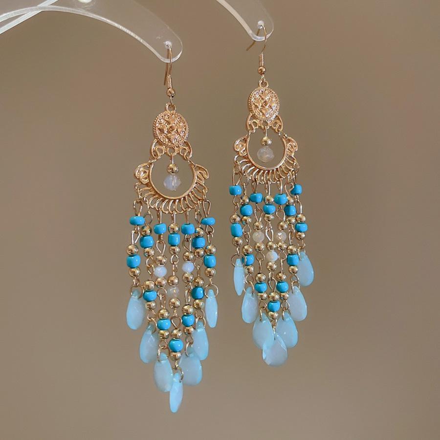 Round acrylic rice beads fringed ear hooks new retro niche design earrings fashion personality temperament earrings