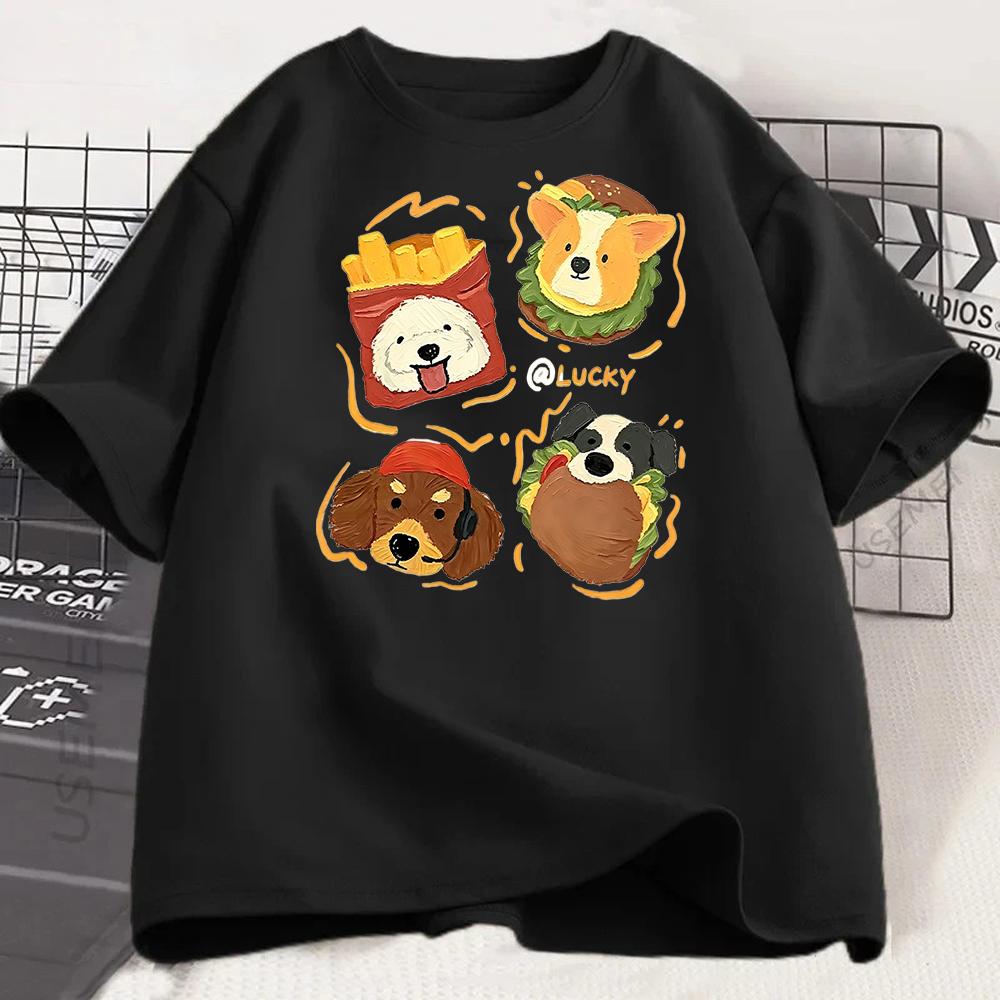 Cartoon Dog Food Printed Tshirt for Unisex Summer Short Sleeves Loose Casual Cute Pet Pattern Top Trendy Versatile Round Neck