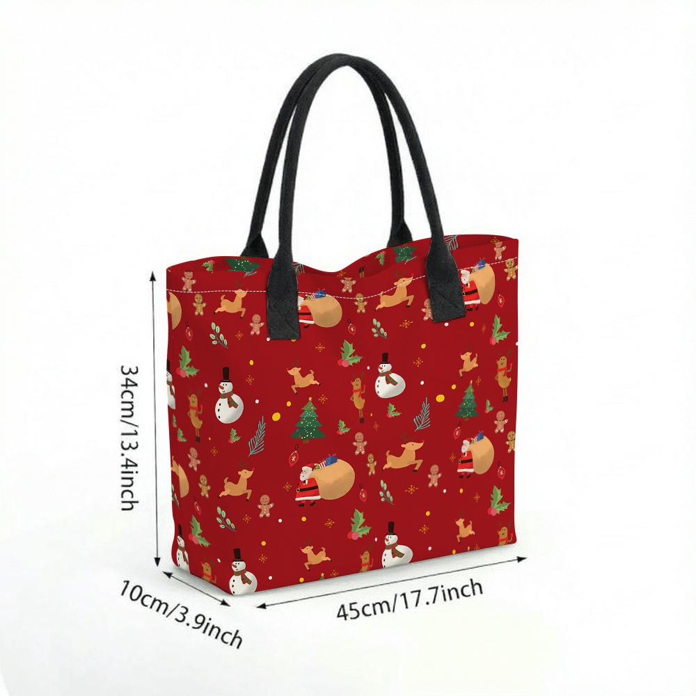 Christmas Pattern Canvas Tote Bag Large Capacity Casual Holiday Shopping Handbag for Daily Use