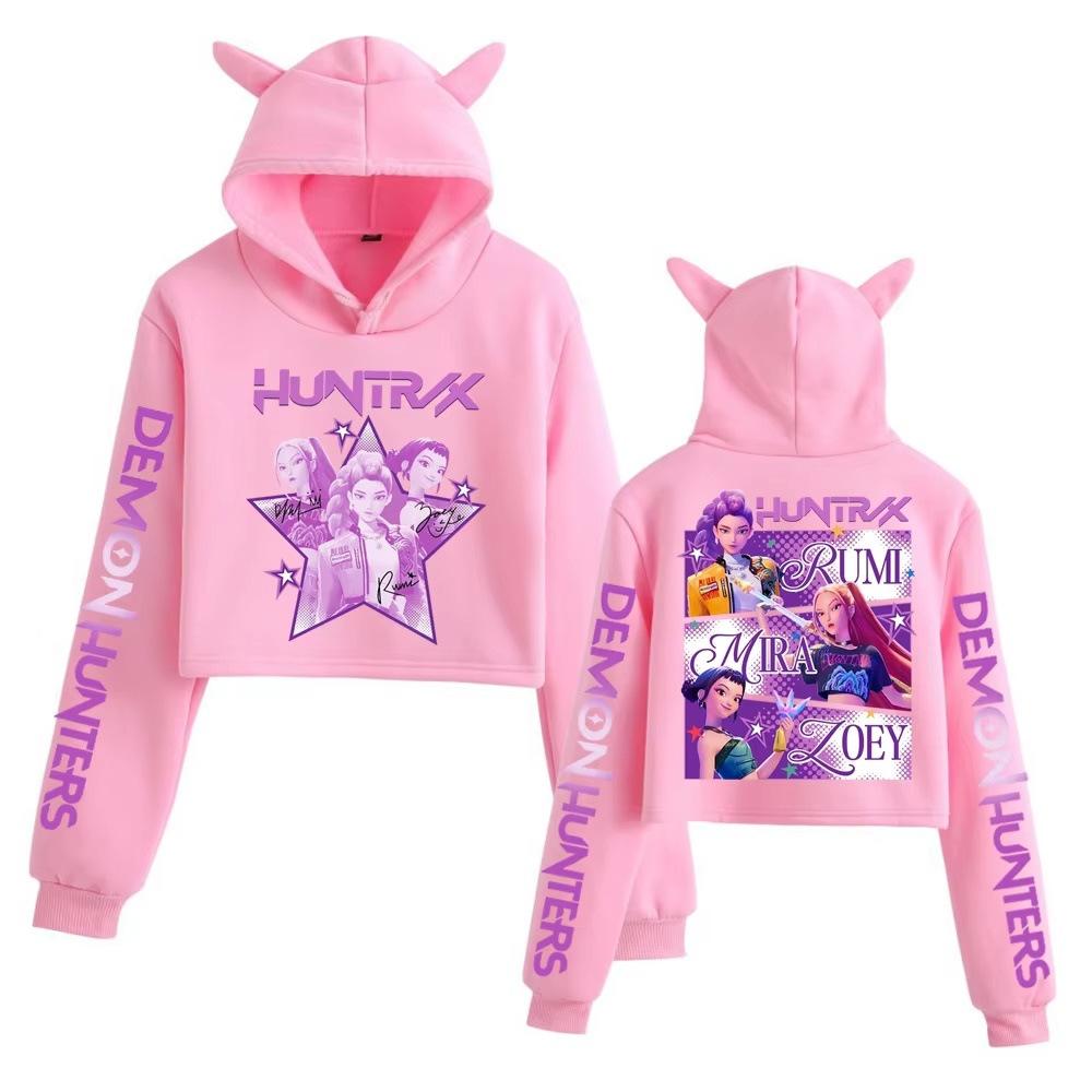 KPop Demon Hunters Bluza z Kapturem Uszy Kota Moda Harajuku Streetwear Jesienny Pulower Dziewczęce Słodkie Krótkie Topy Damska Bluza z Kapturem Casualowe Okrycie Wierzchnie