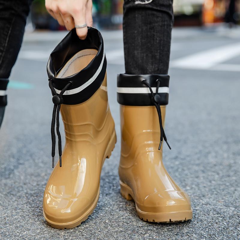 Mid-calf Rain Boots Men Slip-On Waterproof Rubber Rain Shoes Work Mud Boots Warm Durable Non-Slip Boots Farming Fishing Footwear