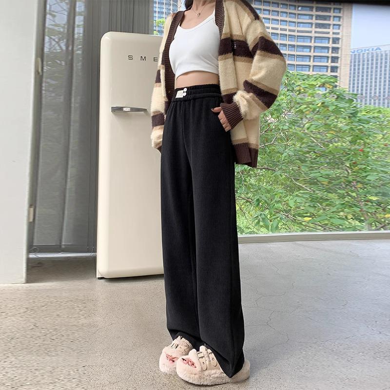 Petite 145cm Chenille Wide-Leg Fleece-Lined Pants: Women's Autumn/Winter Loose Height-Enhancing Casual Pants