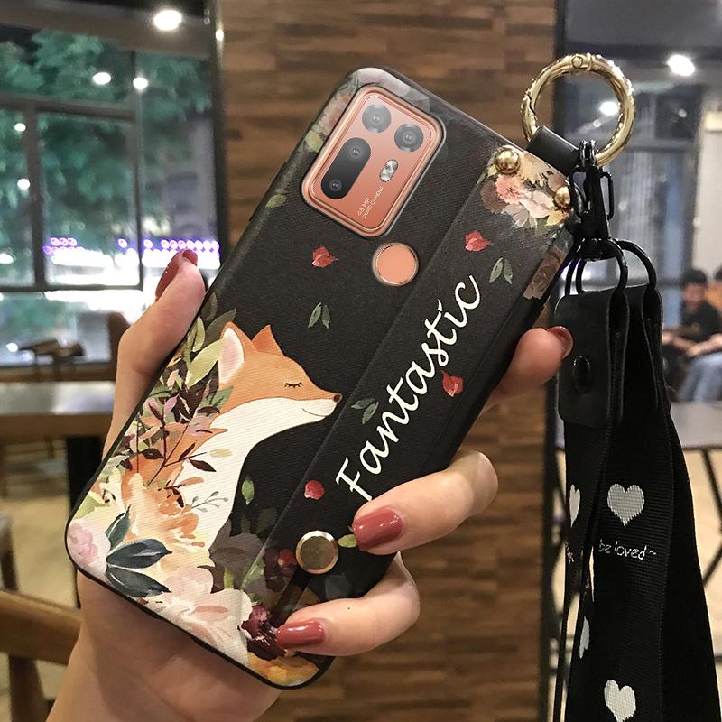 Durable Wristband Phone Case For HTC Desire 20 Plus/D20+ Lanyard Back Cover Shockproof Flower Soft case Fashion Design