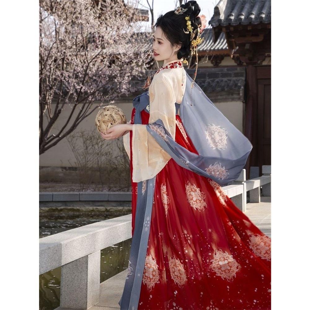 Original Tang Style Hanfu Jiangyun - Red & Blue Qi Xiong Ru Qun, Daily & Performance Ancient Chinese Dress