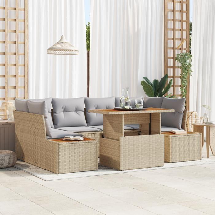 VidaXL Ensemble de salle à manger de jardin de 7 pièces avec coussins en poly rattan beige et acacia 3350037