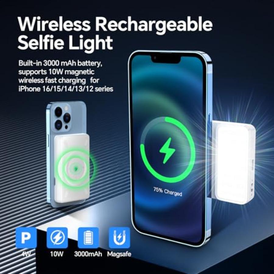 

Магнитный свет для селфи с магнитной беспроводной зарядкой 10 Вт, 92 светодиода, 12 режимов освещения для серии iPhone 16 15 14 13 12 United States