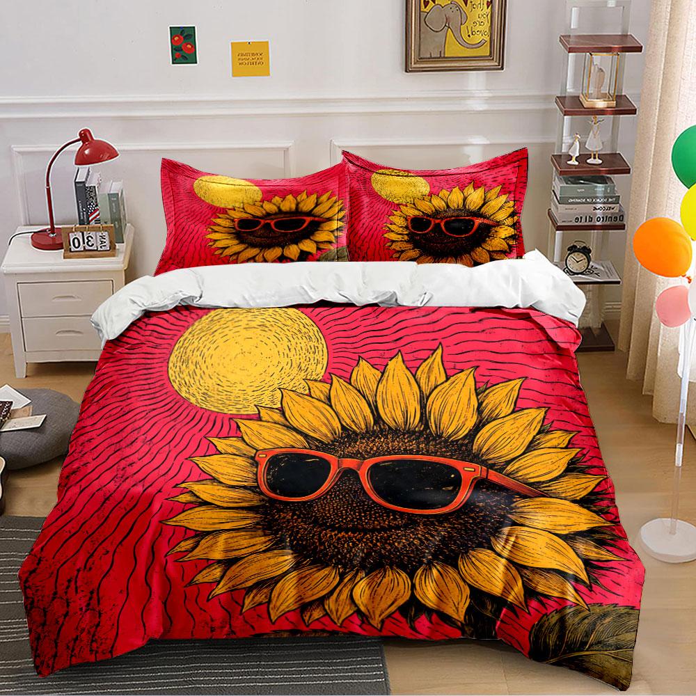 Sunflower with Sunglasses Design Bedding Duvet Cover Set Duvet Cover Pillowcases (1*Duvet Cover 2*Pillowcases, Without Duvet Insert)