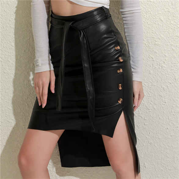 Ladies Sexy Lace-Up Leather Skirt Party Dress Fashion Solid Color Casual Bodycon Midi Skirt