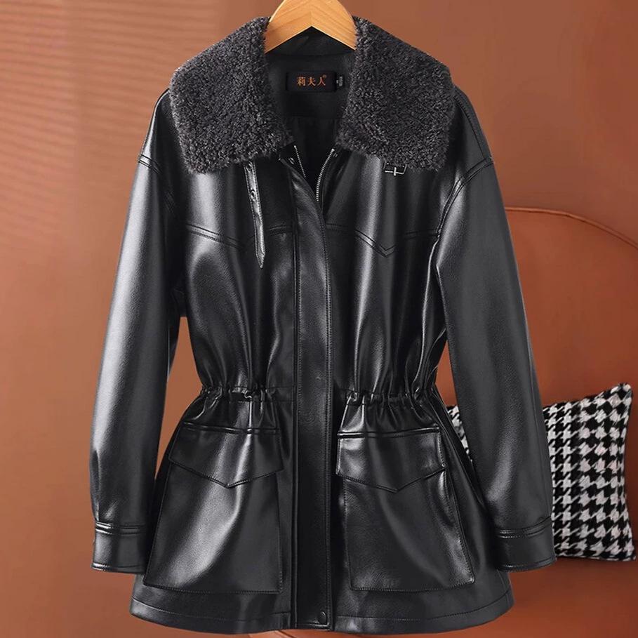 Fleece thickened leather jacket women's medium and long winter new foreign-style fur integrated large-size coat
