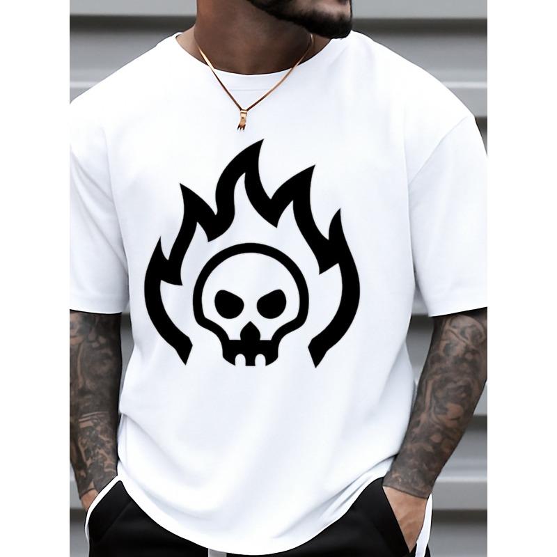 European Size Men's White Flame & Skull Print T-Shirt - Heavyweight-Look Short Sleeve Round Neck Streetwear Top with Black & White Graphic