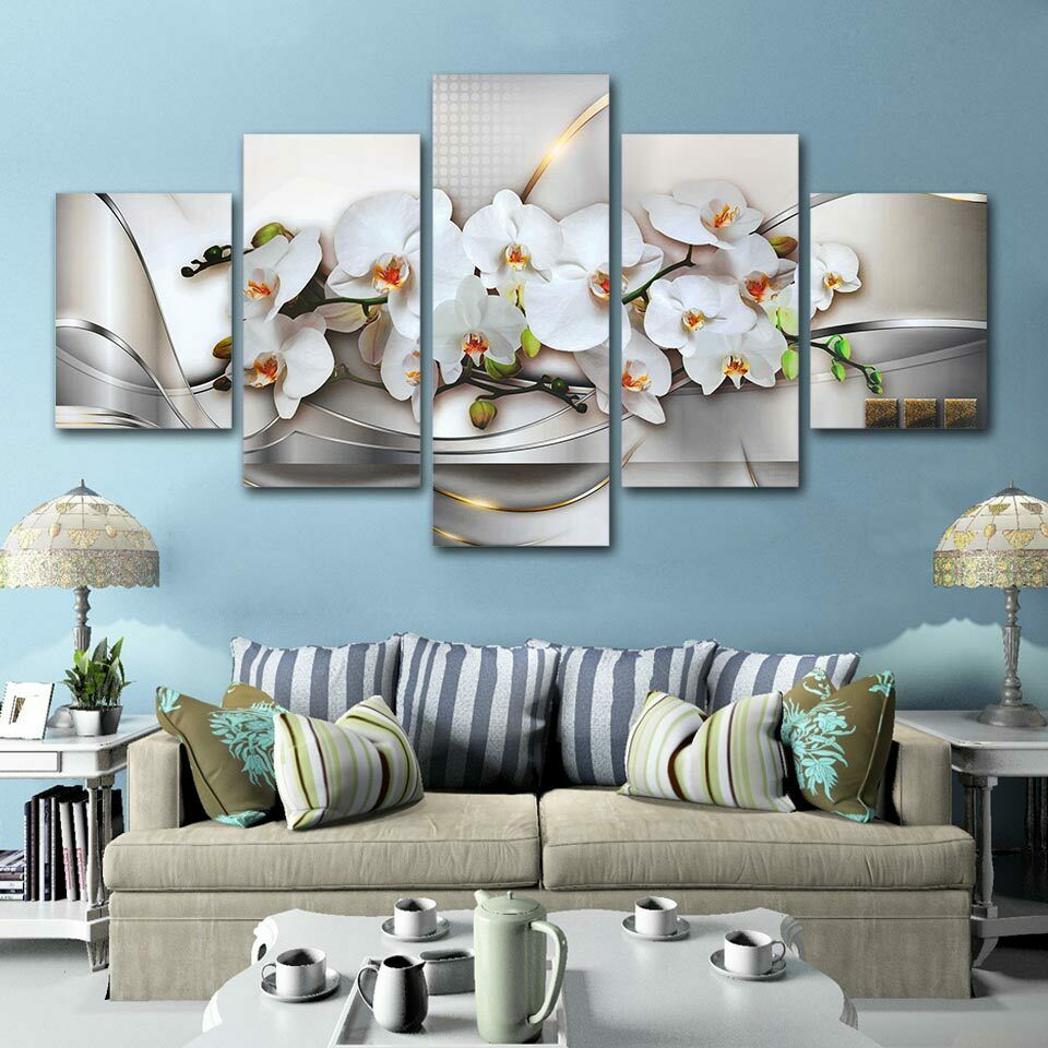 5Pcs White Flower Abstract Modern Decor Canvas Wall Art HD Print 5 Pieces Pictures Paintings 5 Panel Room Decor
