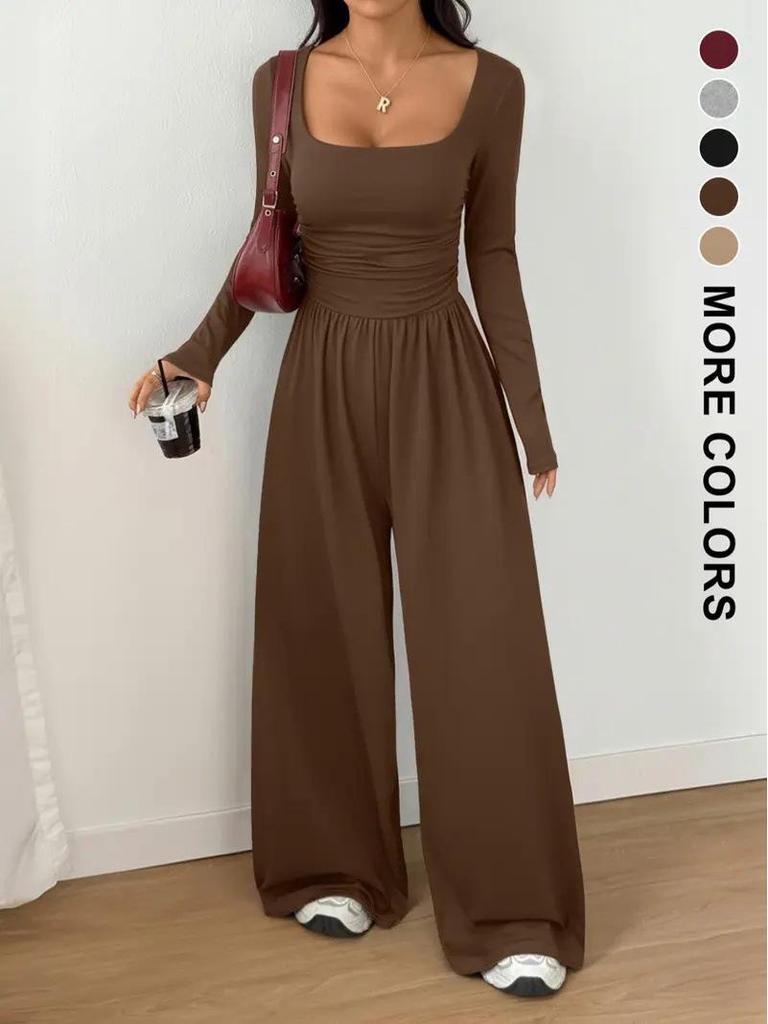 New Style Long Sleeve Women's Casual Wide Leg Solid Color Slimming Jumpsuit
