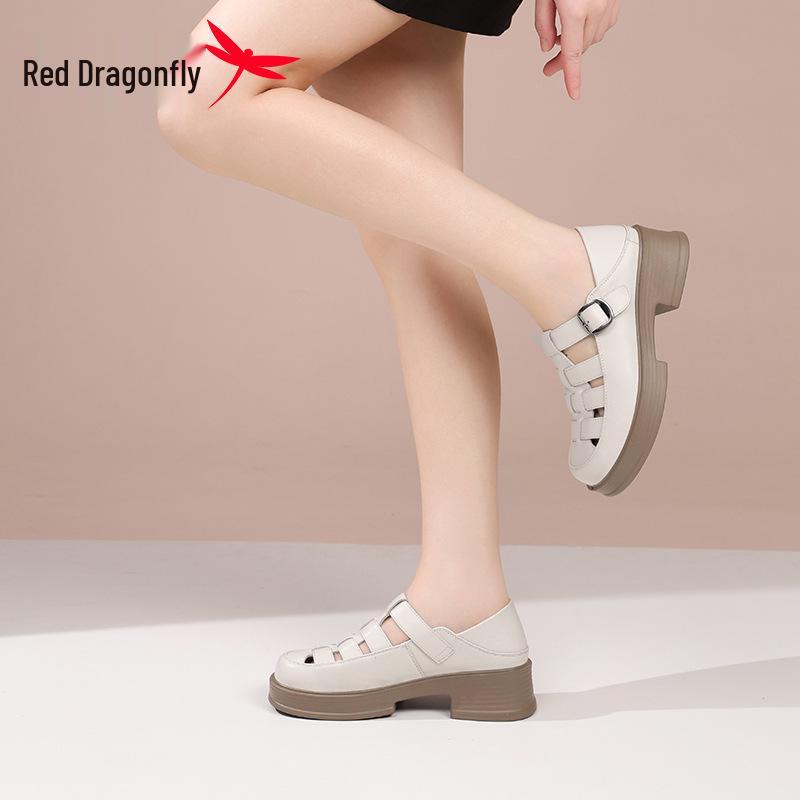Red Dragonfly Women's Genuine Leather Closed-Toe Roman Sandals - Thick-Soled, Perforated, 2026 Summer Style