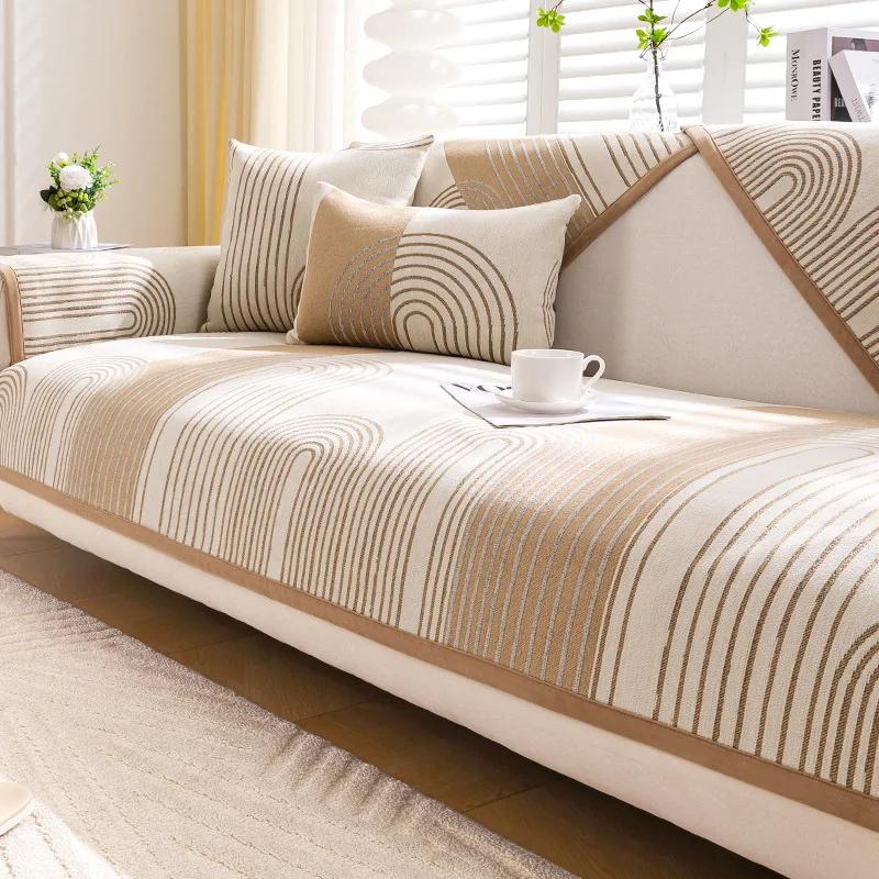 Stripe Geometry Chenille Living Room Sofa Cushion Four Seasons Universal Couch Cover Non Slip Black Border Sofa Protective Cover