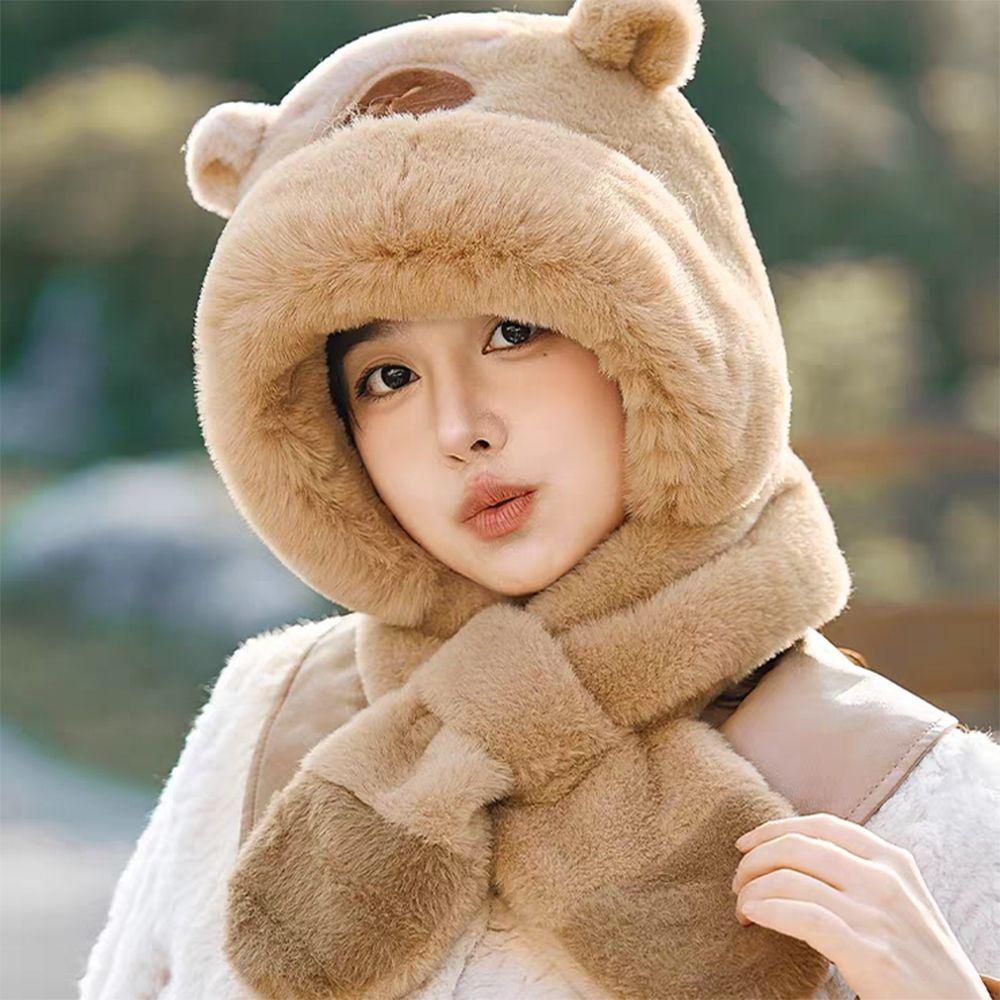 Soft Plush Winter Integrated Cap Scarf Thickened Plush Hat Scarf Set Kids Winter Warm Hat  Outdoor