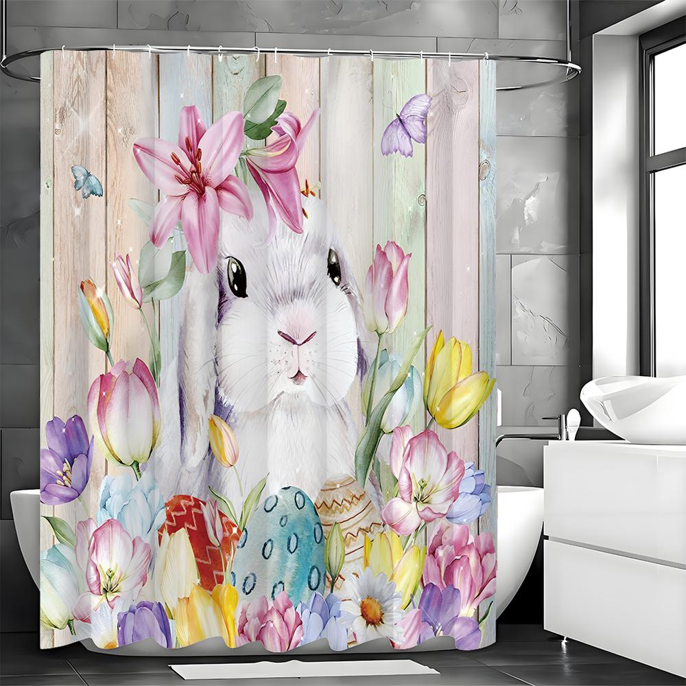 

Милая шторка для душа с кроликом, Цветочная красочная шторка для душа с деревянными досками и бантом, Декоративная шторка для ванной, Водонепроницаемая шторка для душа 90*180cm