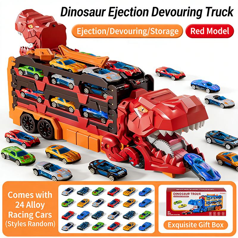 Edukacyjna ciężarówka do przechowywania dinozaurów: 24 Auta ze Stopu z Torami Wyrzutowymi – Uczą Organizacji i Rozwijają Motorykę Małą