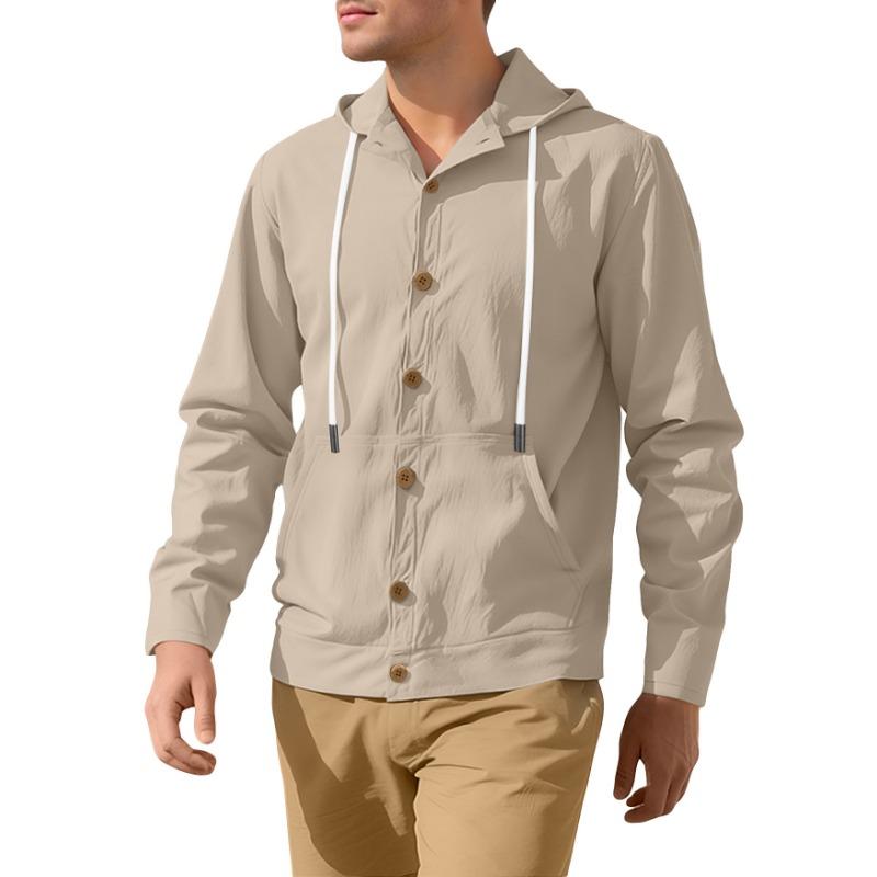 Men's Button-up Shirt Loose Cotton Linen Casual Simple Beach Hooded Long-sleeved Jacket