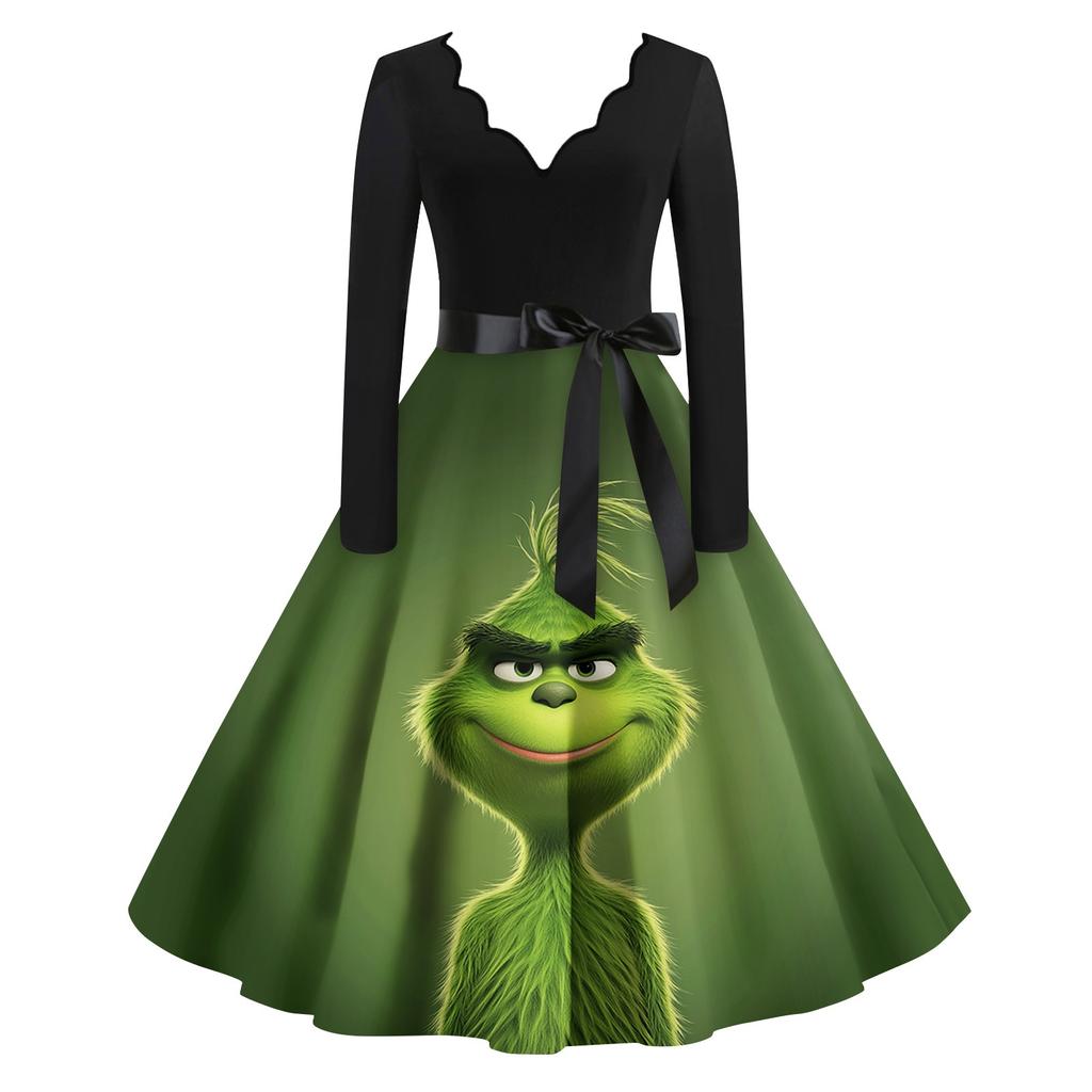 Women's Casual Fashion Print Long Sleeve Dress Cutout Party Casual V Neck Dress