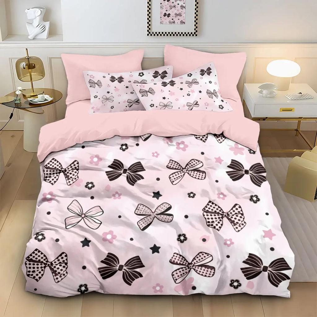 Cute Pink Bow Series Bedding Set 3piece Duvet Cover Pillowcases Kids Adults Single Twin Queen King Size Bedroom Decor