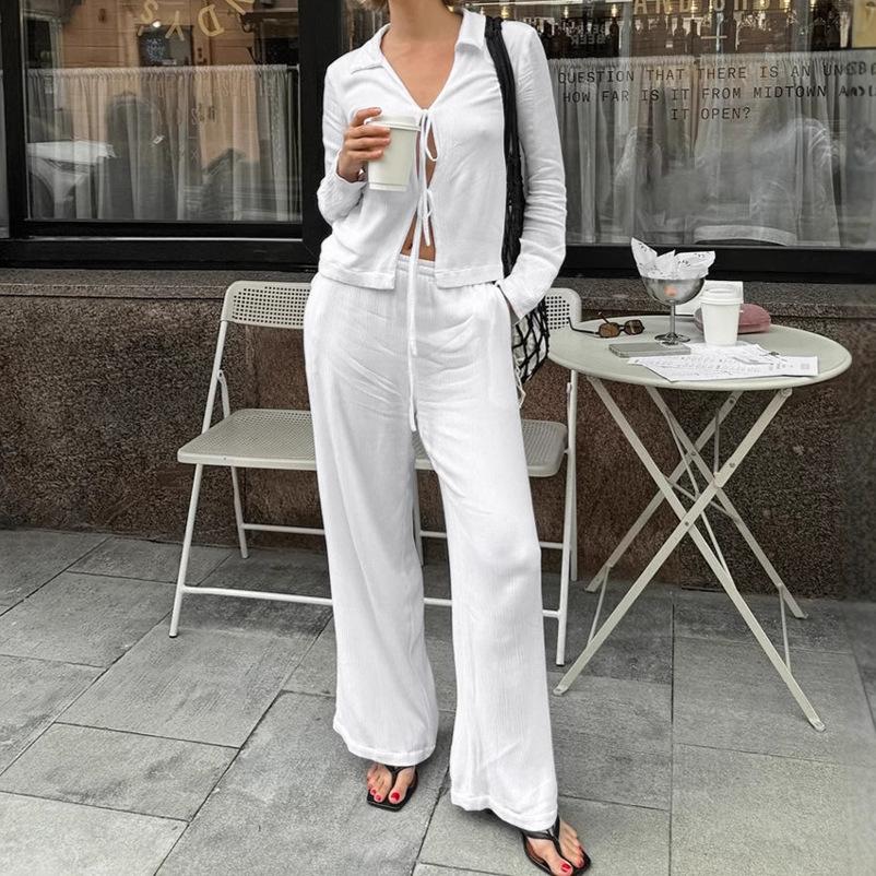 White lapel strap slim shirt high waist straight trousers casual suit 1116 European and American autumn and winter two-piece set women