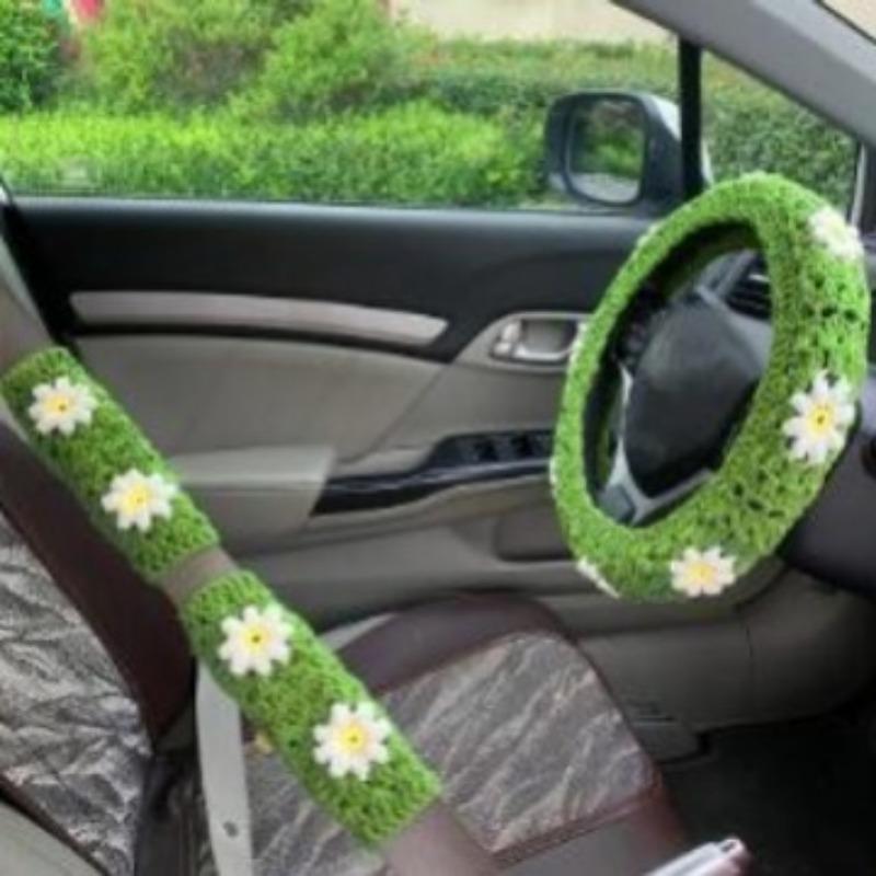 Car Steering Wheel Cover Warm  Anti Slip Grip Seat Belt Safe Hand Crocheted Flower Design for Stylish Car Decor Winter Simple
