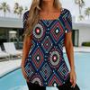 Women Plus Size U Neck Short Sleeve Printed T Shirt Geometric Pattern Navy Blue Curved Hem