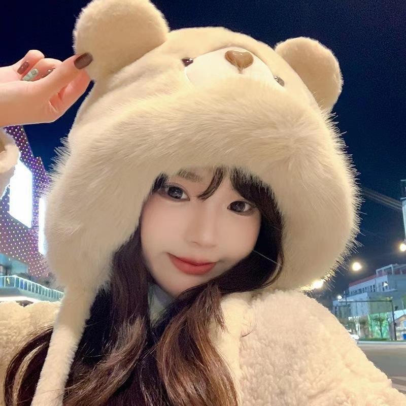 Plush Bear Hat Gloves Women's Autumn and Winter Plush Thickened Thermal Ear Protection Pullover Hat Cute Lei Feng Hat Cycling