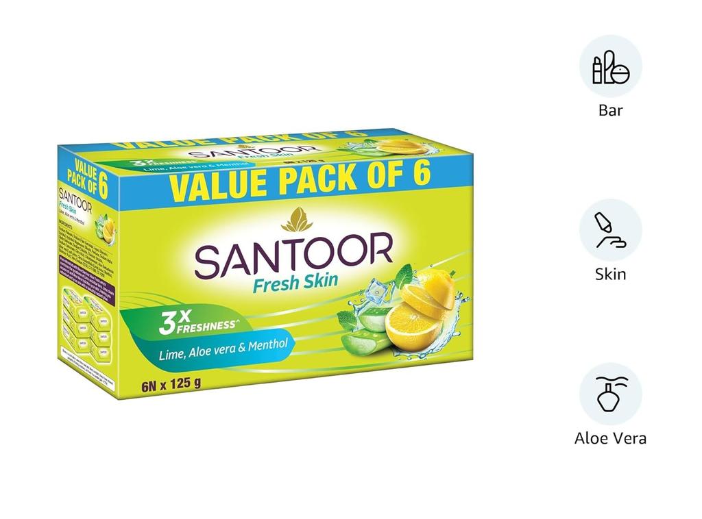 Santoor Fresh Skin Aloe Vera And Lime Bathing Soap Bars For Deeply Moisturizing Hydration Pack of 1 6N X 125g
