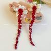 Retro Red Iris Beaded Stud Earrings for Women's Unique Exaggerated Temperament Earrings, Long Tassel Without Ear Clips