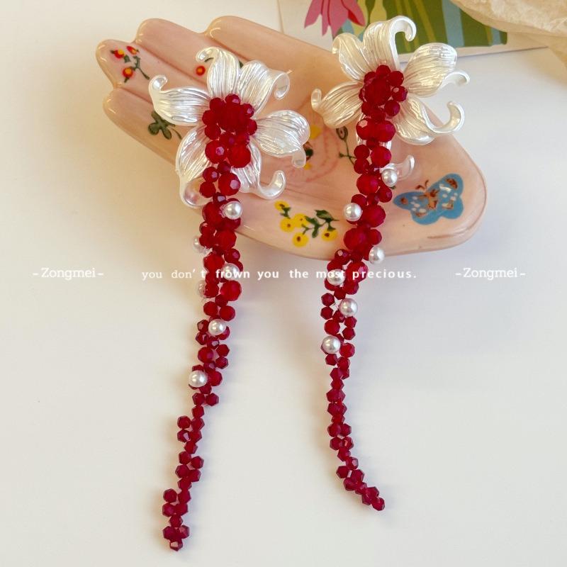 Retro Red Iris Beaded Stud Earrings for Women's Unique Exaggerated Temperament Earrings, Long Tassel Without Ear Clips