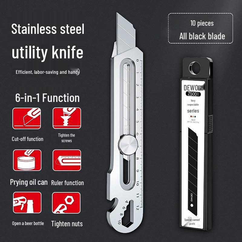 DEWO Heavy-Duty Stainless Steel Electrician's Folding Utility Knife with Cable and Wire Stripper, Thickened Hook.