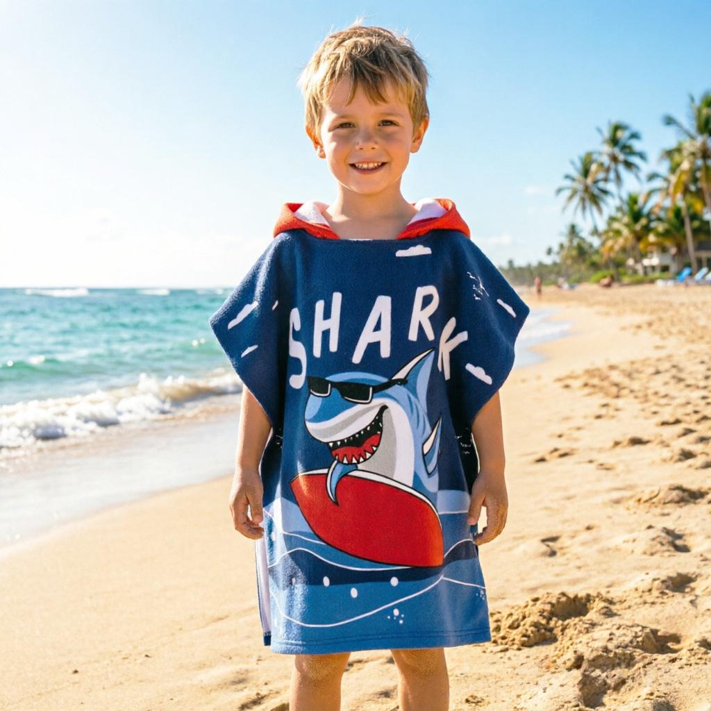 Ultra-Fine Fiber Cartoon Print Kids' Hooded Bath Towel Poncho
