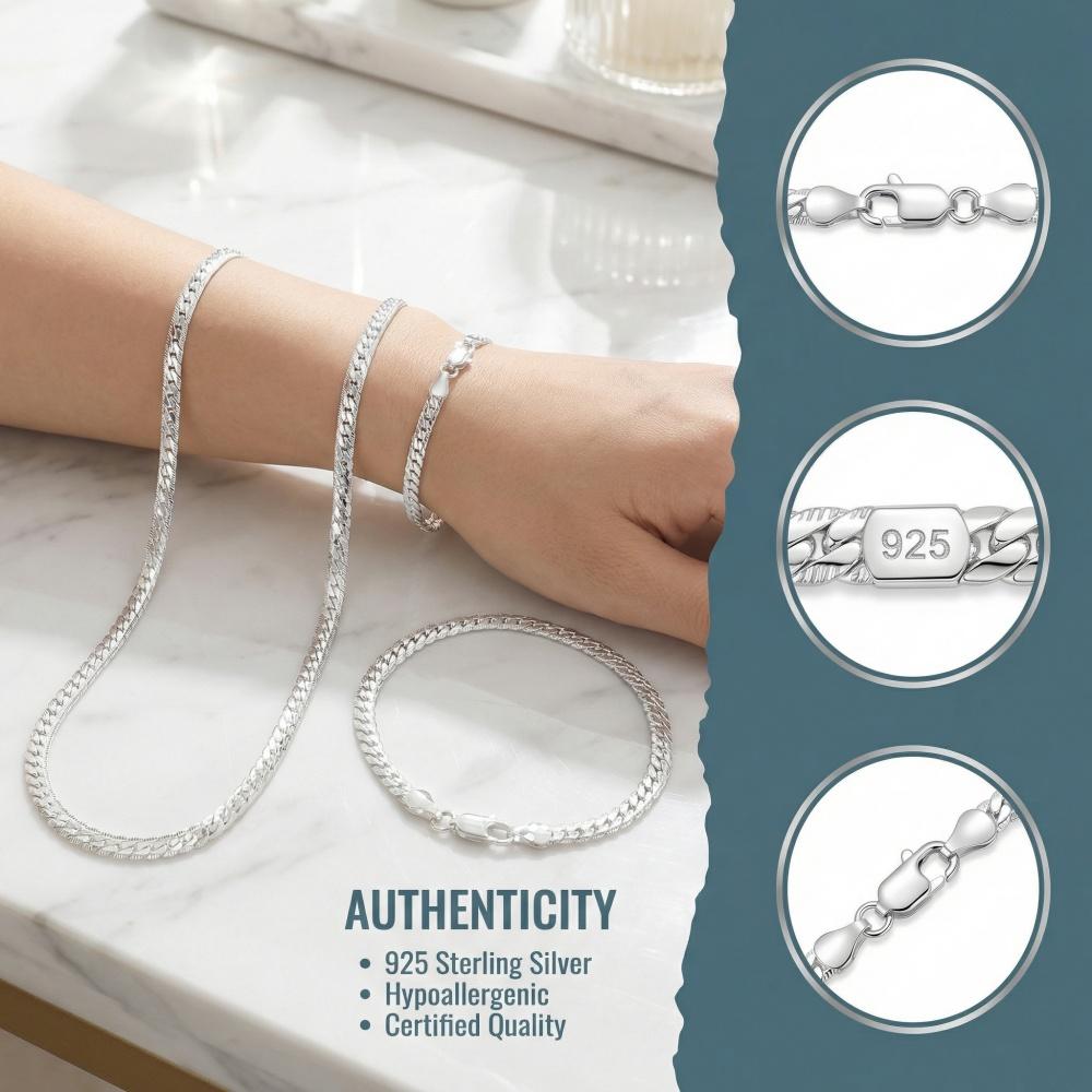 925 Silver 2 Piece Full Side Chain Necklace Bracelet Women Men Fashion Jewelry Set Wedding Gift