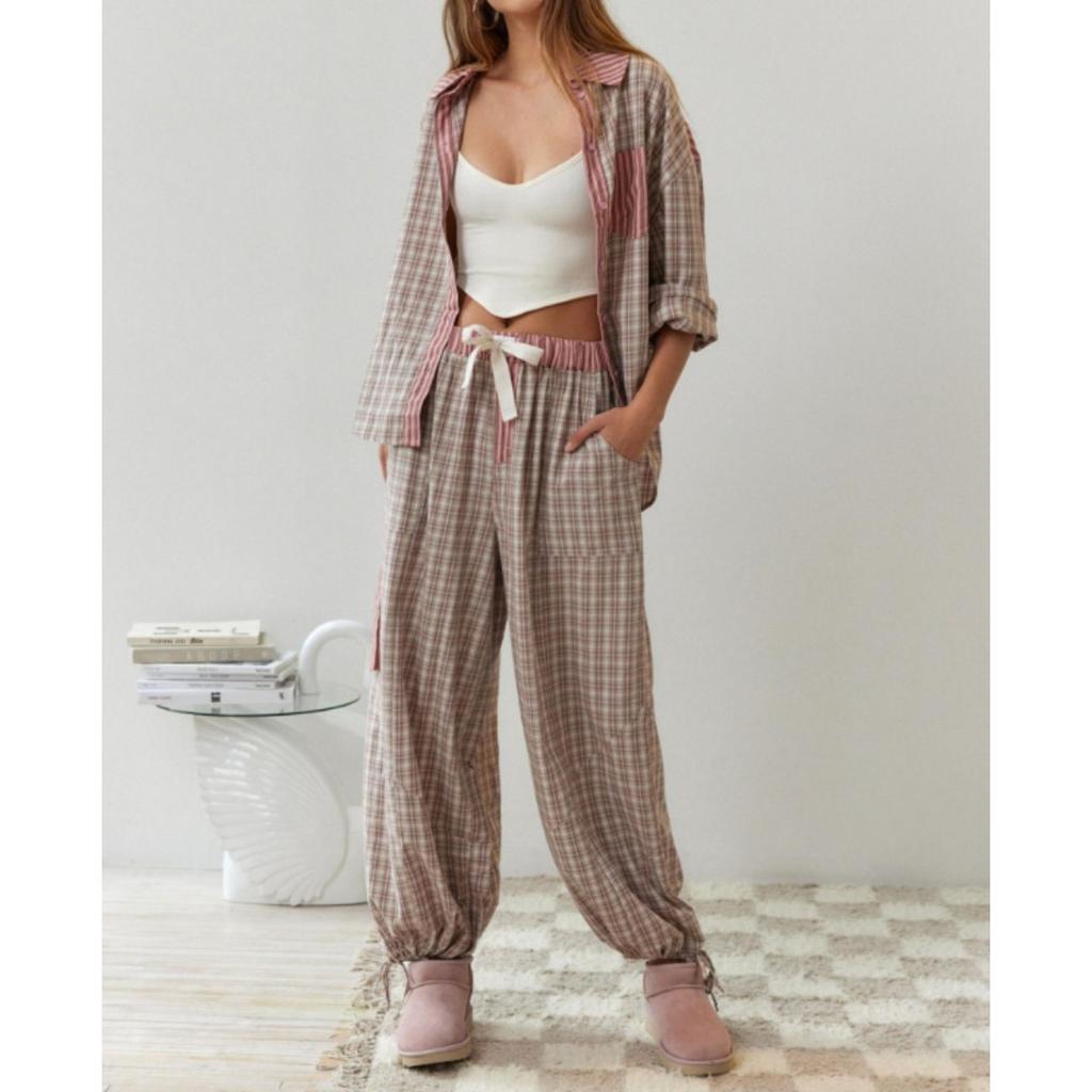 New Arrival Fall Women's Plaid Check Long Sleeve Loungew Set Pajamas Two Piece Casual Sleepwear Homewear