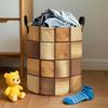 1 Large Capacity Foldable Round Laundry Basket | Wood Grain Stripe Print, Durable Polyester Fabric With Sturdy Black Handle, Ideal For Home Storage An
