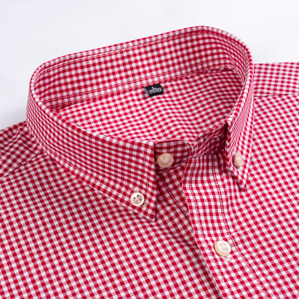 Męskie standardowe koszule z długim rękawem i mikro-kratką Naszywana kieszeń Cienka miękka 100% bawełna Białe/czerwone linie Plaid Casual Uniwersalna koszula