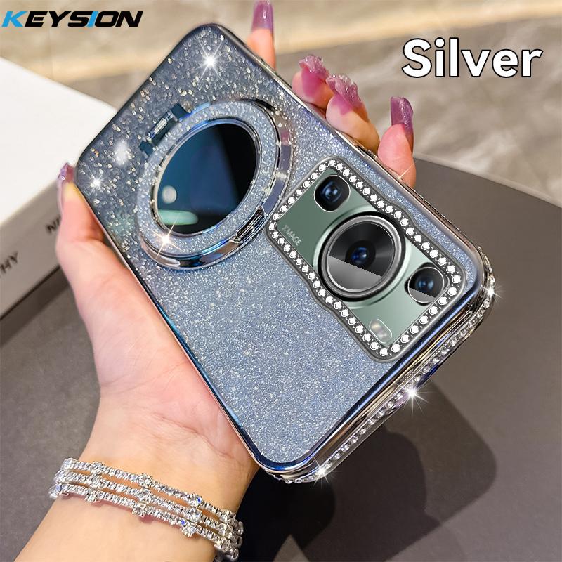 KEYSION Luxury Glitter Jewelled Magnetic Phone Case for Huawei P60 Pro Makeup Mirror Stand Shockproof Cover for Huawei P60