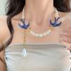 Exquisite Teardrop-shaped Tassels Blue Spray-painted Double Swallows Imitation Pearl Beaded Necklace Earring for Women Jewelry