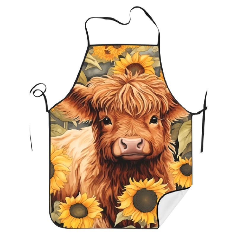 Highland Cow And Sunflower Print Apron - Vintage Scottish Cow Kitchen Apron Featuring The Face of a Highland Cow And a Plaid Pat