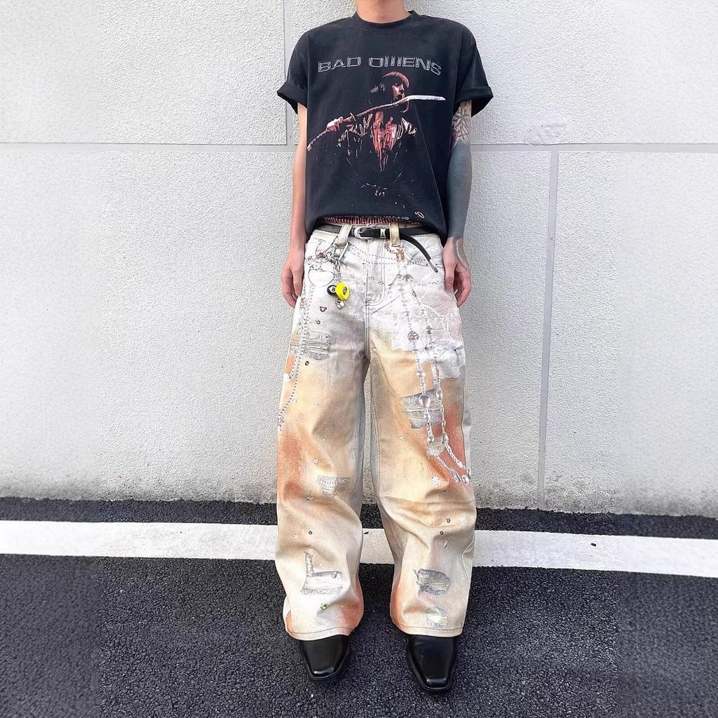 American high street heavy industry lace chain printed jeans men and women design sense niche casual wide legs mopping long