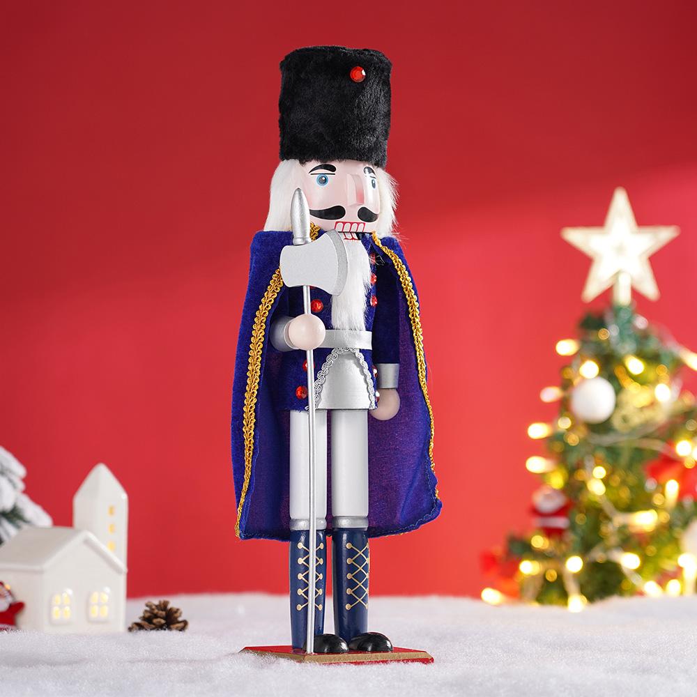 38CM Nutcracker Puppet Solider Merry Christmas Decoration Cloak King Wooden Doll Walnut Handcraft Figurine Home Office Decor