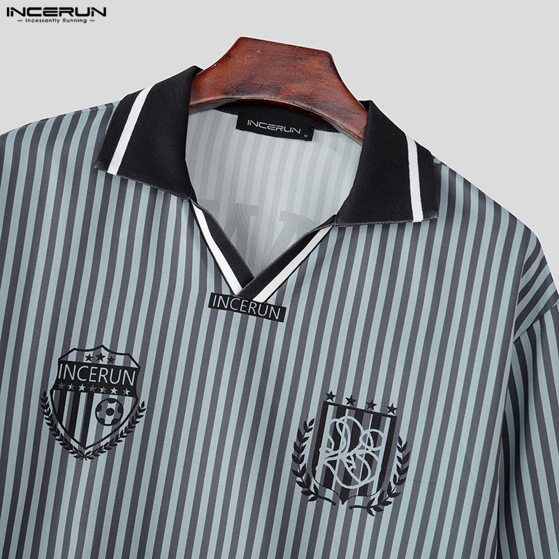 INCERUN Oversized Men Lapel Long Sleeve Striped Letter Print Casual Loose Tops T-Shirts