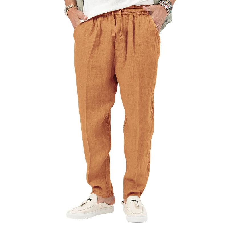 Summer New Arrival: Lightweight Overseas-Style Men's Fashion Plus Size Solid Colour Casual Drawstring Cotton-Linen Trousers