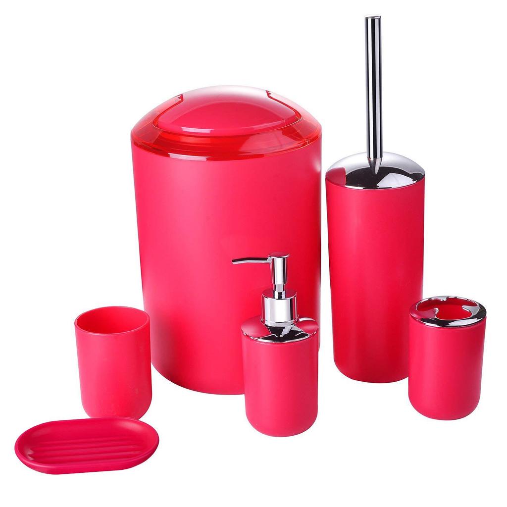 6-Piece Bathroom Set: Lotion Bottle, Toothbrush Holder, Soap Dish, Trash Can, Toilet Brush