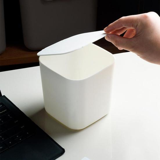 Desktop Trash Can with Flip Cover Mini Trash Bin Home Office Desk Bedside Table Plastic Waste Container
