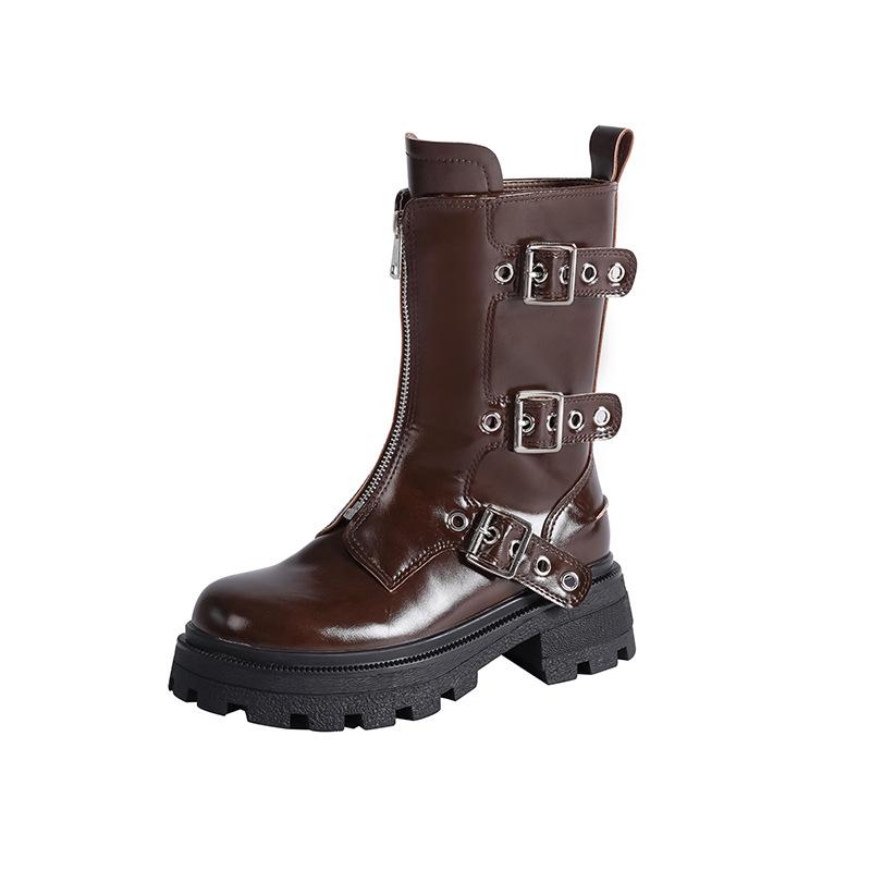 Fashion Rivet Belt Buckle Chunky Heeled Leather Ankle Boots Women Fall Winter Platform High Heels Punk Motorcycle Boots Shoes