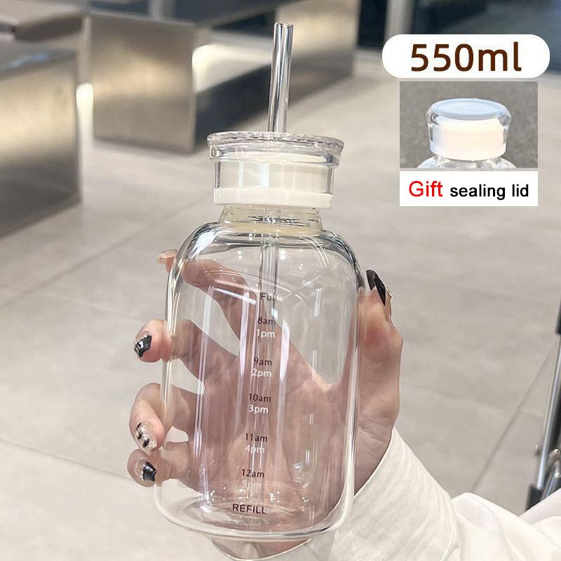 

550-750 мл большая емкость стеклянная бутылка для воды с маркером времени прозрачная стеклянная чашка для сока молока с крышкой и трубочкой бутылка для питья 550ml-750ml