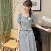 Women's Summer Retro Slimming A-line Denim Skirt and Short-sleeved Top Set