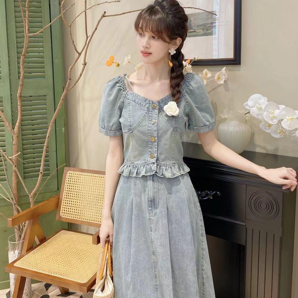 Women's Summer Retro Slimming A-line Denim Skirt and Short-sleeved Top Set